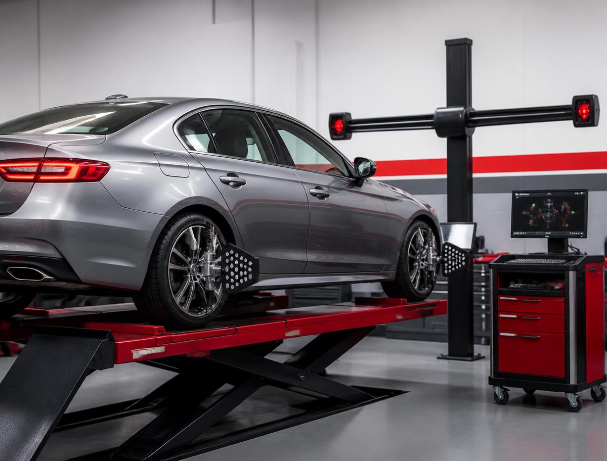 Veículo em alinhamento computadorizado 3D no centro automotivo da RN Pneus